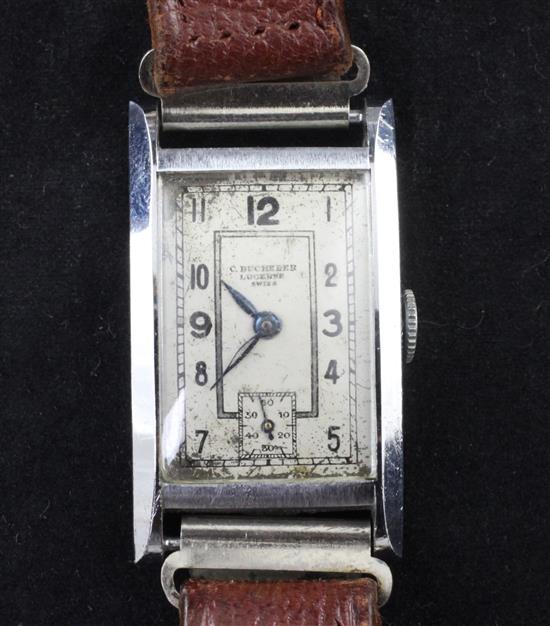 A gentlemans 1930s/1940s stainless steel rectangular manual wind wrist watch by C. Bucherer, Lucerne,